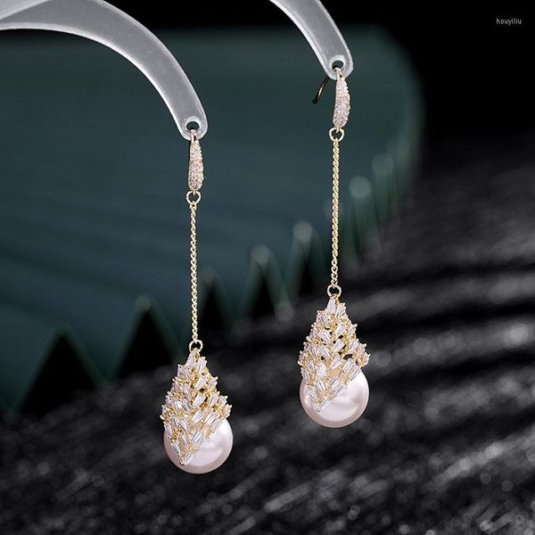 Pendientes de tuerca 2023 hermoso cristal CZ cuelga gota perla larga para mujeres joyería de compromiso de fiesta delicada pendiente de gancho de Color dorado