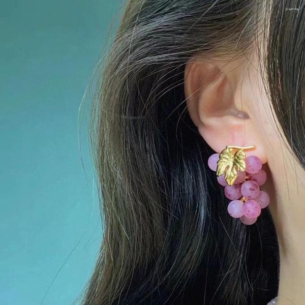 Boucles d'oreilles à clous en forme de feuille d'or pour femmes, bijoux de luxe de marque, de styliste, de mode, de perles, de fête, de raisin violet, 2023
