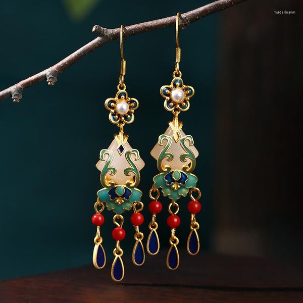 Boucles d'oreilles à tige 2023 Style chinois fleur émail balancent pour les femmes coloré rétro Long gland doux bijoux