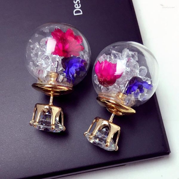 Boucles d'oreilles à tige 2023 Design Style d'été fleurs séchées boule de cristal de verre tempérament romantique mode sauvage Double face pour les femmes