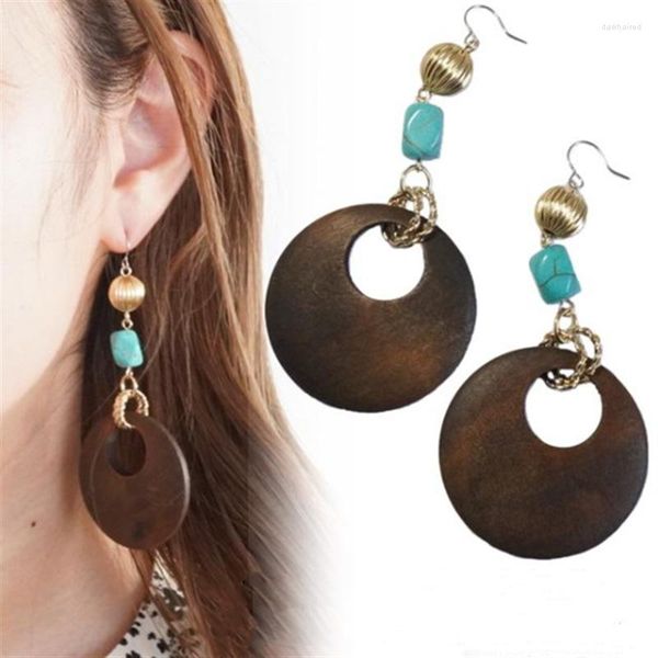 Pendientes de tuerca 2023 moda mujer bohemio turquesa hueco redondo madera gota pendiente geométrico madera joyería