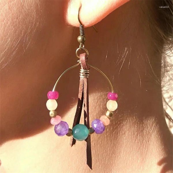 Boucles d'oreilles à clous en cuir pour femmes, style bohémien, perles colorées, pompon rond, sangle de plage, mode 2023