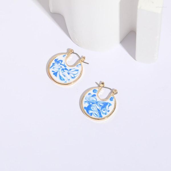 Boucles d'oreilles 2023 mode femmes Style chinois bleu et blanc porcelaine goutte à goutte d'huile ronde goutte boucle d'oreille fleur