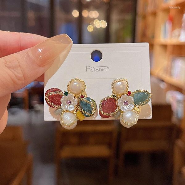 Boucles d'oreilles à clous pour filles, fleur, Harajuku Kari, coréen, quatre couleurs, épissure, chaîne en cristal faite à la main, accessoires pour ongles doux, 2023