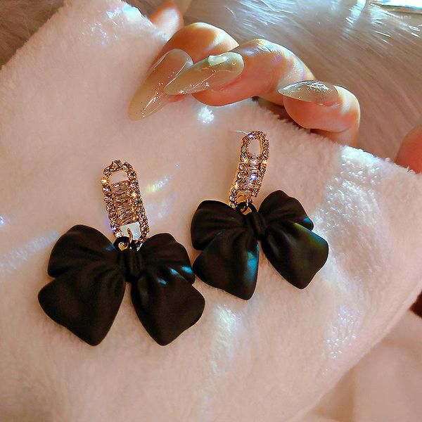 Pendientes de tuerca 2023 joyería coreana dulce negro blanco Bowknot mujeres tela encaje arco moda gota regalo