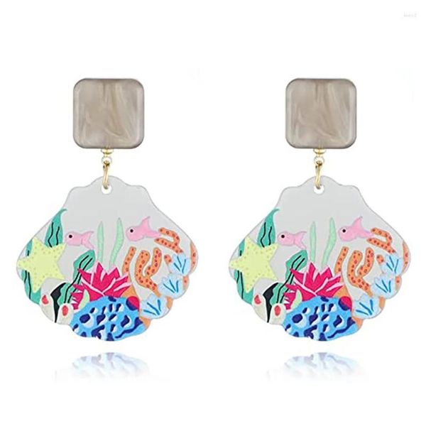 Pendientes de tuerca para mujer, joyería de moda coreana, diseño de tendencia, mundo marino, Coral, pez esmaltado, diamantes de imitación acrílicos, 2023