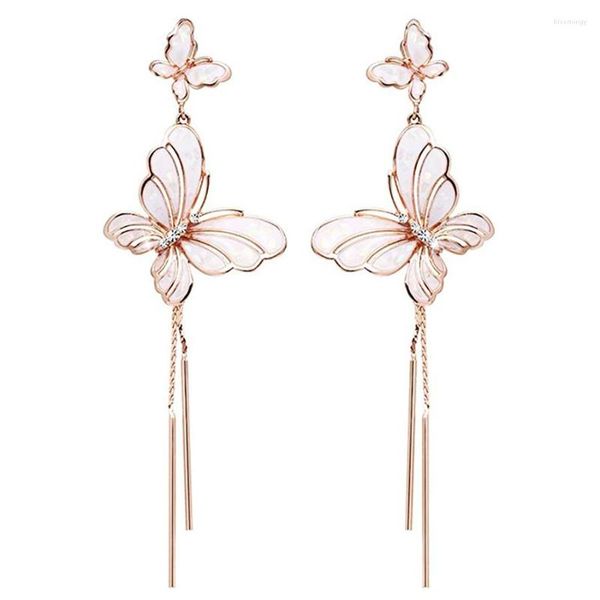 Pendientes de tuerca 2023, joyería de moda coreana, Piercing chapado en oro, borla larga, bonita mariposa de cristal esmaltada rosa para mujeres y niñas