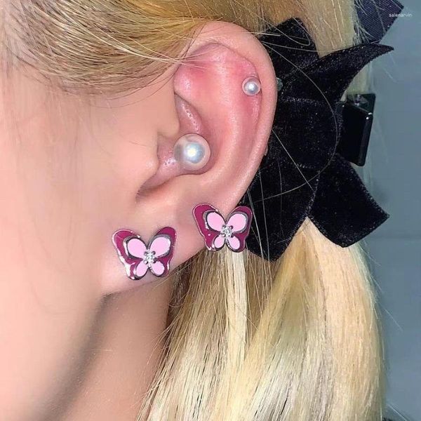 Pendientes de tuerca para mujer, moda coreana, mariposa rosa, accesorios Y2K, aretes de animales con diamantes de imitación, joyería 2023