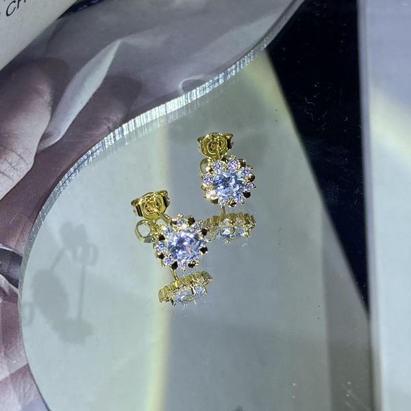 Pendientes de tuerca 2023 Luxuriou Sun Flower 18K pendiente de oro para mujer Diamante Real cristal compromiso joyería de regalo del Día de San Valentín