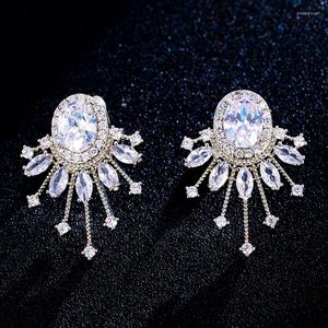 Boucles d'oreilles de luxe pour femmes, couleur argent, grande zircone, pour mariée, bijoux de fête élégants, 2023