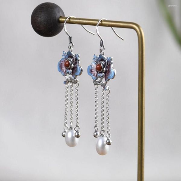 Boucles d'Oreilles 2023 Réel S925 Argent Bleu Brûlé Pour Femme Thai Cloisonné Glands Perle Femme