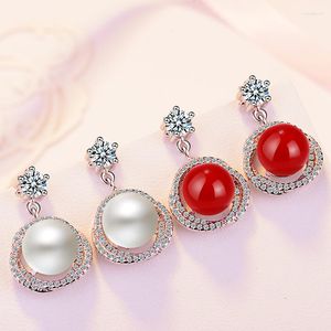 Pendientes de tuerca 2023, perla simulada roja y blanca, aguja de plata 925, joyería colgante con gota de cristal para regalo de boda Wemon