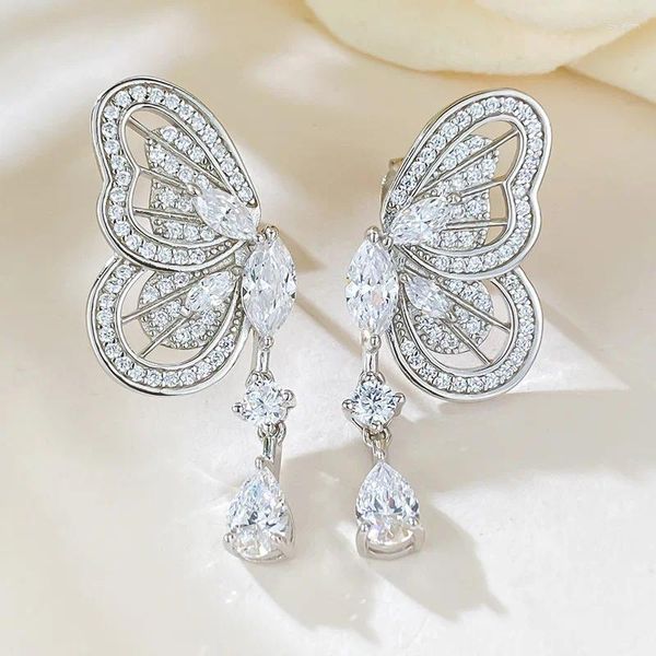 Pendientes de tuerca 2023 S925 plata exquisita mariposa mujer lleno de diamantes ligero lujo premium