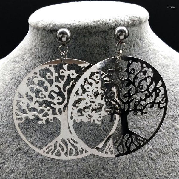 Boucles D'oreilles 2023 Arbre De Vie En Acier Inoxydable Pour Les Femmes Bijoux Argent Couleur Grand Pendiente E1538S04