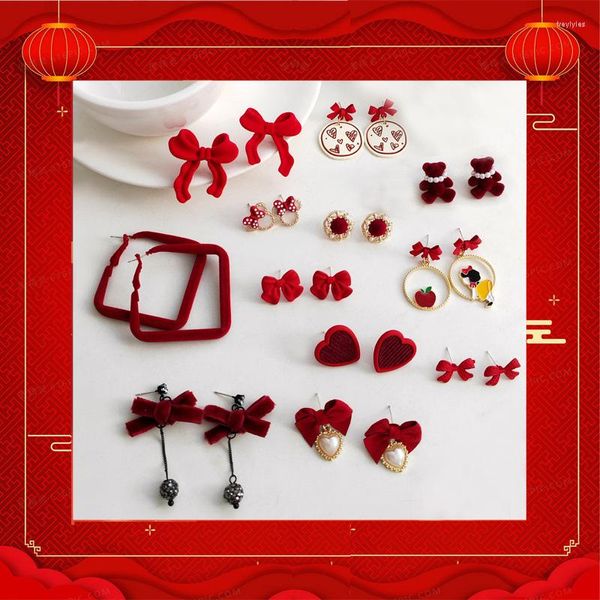 Boucles d'oreilles à tige 2023 année du tigre S925 argent aiguille tempérament chinois rouge amour arc oreille femme vente en gros