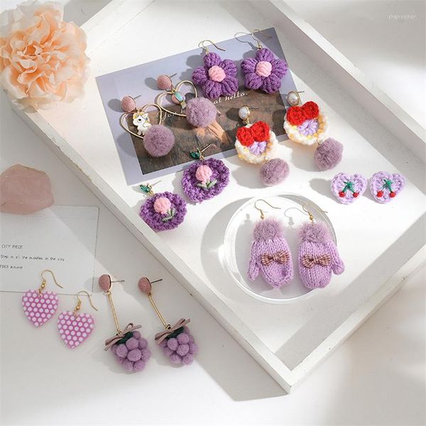 Boucles d'oreilles à tige 2023 mode coréenne rétro violet série femmes mignon doux laine tricot automne et hiver pendentif cerise bijoux