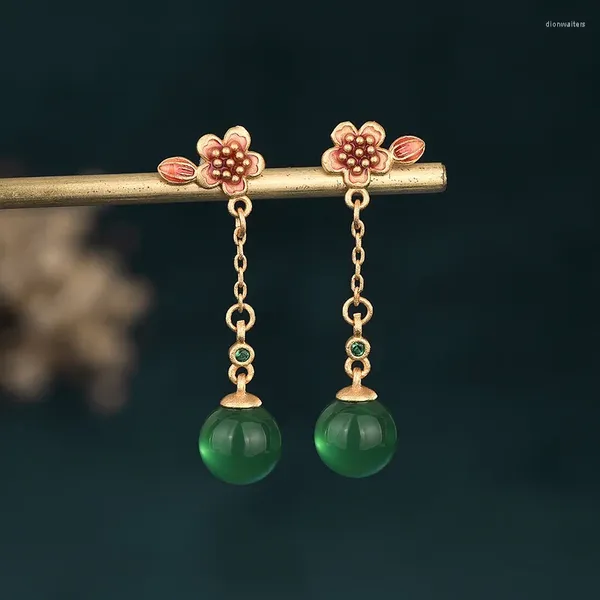 Pendientes de tuerca 2024 estilo chino flor de oro antiguo pendiente de cadena de borla larga Calcedonia Natural mujeres mujer Simple oreja joyería regalo