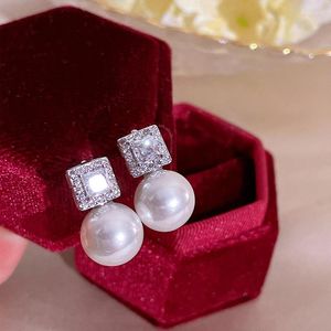 Boucles d'oreilles élégantes carrées en Zircon, Imitation de perles pour femmes et filles, accessoires de mariage romantique français, bijoux, 2024