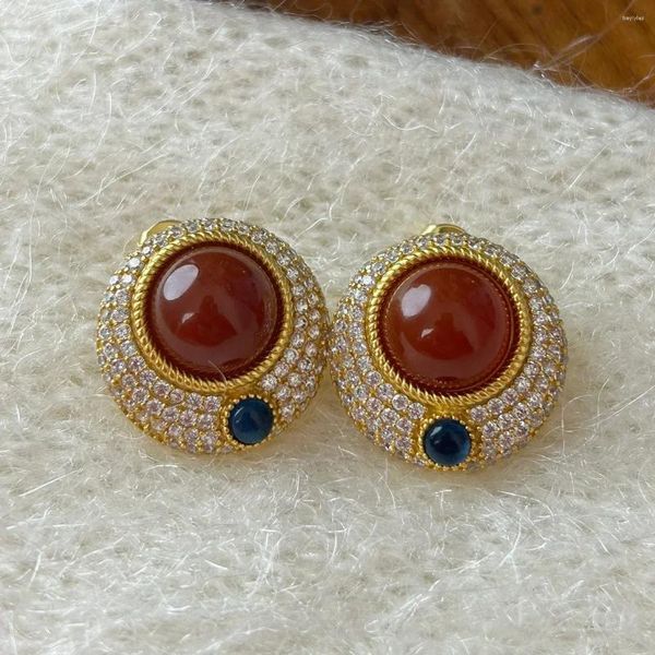 Boucles d'oreilles 2024 Europe America Designer de marque Red Agate Crystal Round Femmes Vintage Bijoux Trend