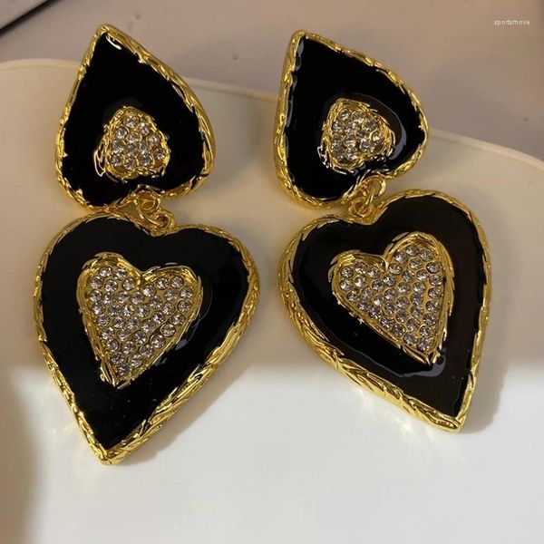 Pendientes de tuerca 2024 moda ágata negra forma de corazón gota de oreja cuelga 18K chapado en oro Zirocns CZ doble pendiente grueso joyería