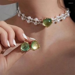 Stud Earrings 2024 Mode handgemaakte kralen Weven Pearl Green Choker ketting voor vrouwen Elegant Wedding Party Sieradenset