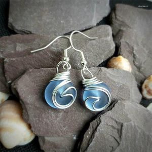 Boucles d'oreilles à tige en fil de cuivre pour femmes, style bohémien, en verre bleu, goutte d'eau, spirale Sexy, à la mode, 2024