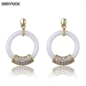 Boucles d'oreilles étalon 2024 Round Shiny Mirco Zircon Crystal Bijoux Fashion Girls White Ceramic Piercing Drop Hollow Pottery for Women Gift