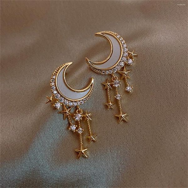 Boucles d'oreilles à clous en cristal pour femmes et filles, tendance, étoile, lune, mode coréenne, perle exquise, bijoux cadeaux de fête, 2024