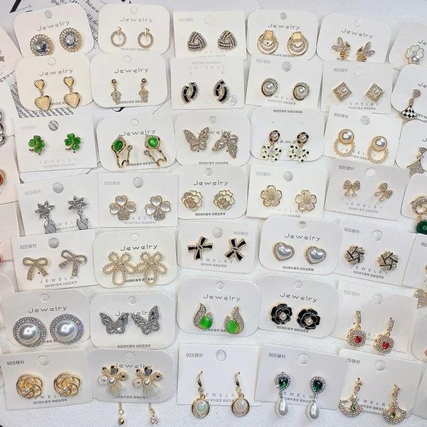 Pendientes de tuerca, 20 par/lote, moda de Plata de Ley 925, aguja, diamantes de imitación, flores, corazón, joyería de perlas para mujeres y niñas, venta al por mayor