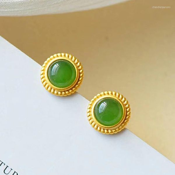 Boucles d'Oreilles Tige Plaqué Or Jaune 24K Or Jaune Calcédoine Verte Agate Femme Bijoux Vintage