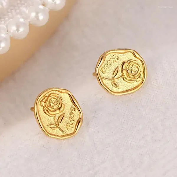 Boucles d'oreilles à tige en or jaune 24 carats pour femme, fleur de rose 999