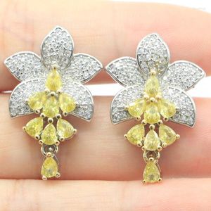 Boucles d'Oreilles Tige 28x16mm Arrivée Grosse Fleur Doré Citrine Blanche CZ Femme Mariage Argent