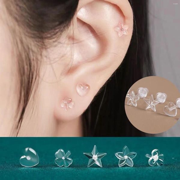 Boucles d'oreilles à clous en résine, 2 pièces, transparentes, invisibles, Anti-allergie, douces et mignonnes pour femmes étudiantes, Piercing en forme d'étoile et de cœur