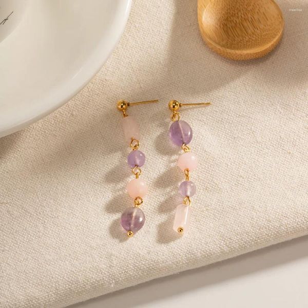 Boucles d'oreilles en acier inoxydable 316L, pendentif en pierre de vesce violette naturelle pour femmes, Design, bijoux d'oreille pour filles, cadeaux de fête à la mode