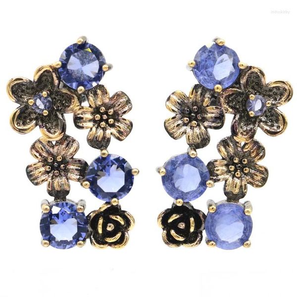 Boucles d'Oreilles Tige 31x18mm Néo-Gothique Fleurs Créées Pierre Tourmaline Rose Iolite Vert Péridot Cadeau Or Noir Argent Massif 925