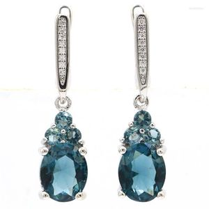 Stud -oorbellen 34x8mm SHECROWN Romantisch roze Morganite London Blue Topaz CZ Ladies 925 Sterling Silver Drop