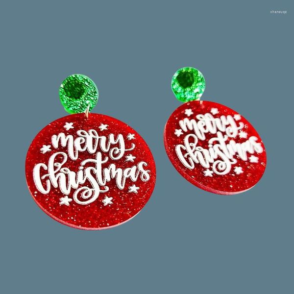 Boucles d'oreilles à tige rondes de 35mm, pendentif joyeux noël, imprimé UV, déclaration de vacances, paillettes rouges, découpe Laser acrylique