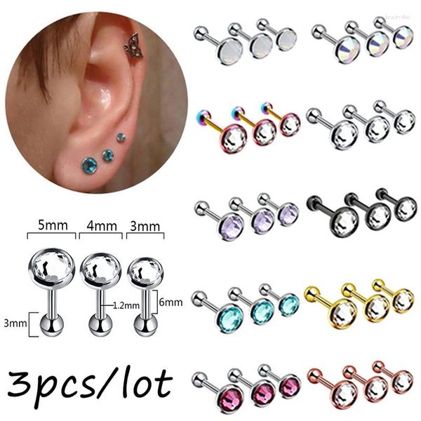 Boucles d'oreilles en acier inoxydable, 3 pièces/lot, cristal, Cartilage, haltère, Zircon, clous d'oreilles pour femmes/hommes Sexy, bijoux de perçage corporel