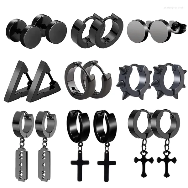 Pendientes de tuerca de 4 a 9 pares de estilos múltiples, conjunto negro, Piercing de acero inoxidable a la moda para mujeres y hombres, joyería Punk Hip Hop para orejas