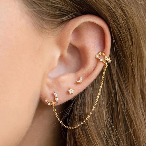 Boucles d'oreilles 4 pièces, ensemble de piercings en Zircon cubique pour femmes, étoile lune longue chaîne à pampilles, Clip d'oreille, ensembles de bijoux de fête