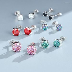 Stud -oorbellen 4ct rond blauw roze rood Moissanite 925 Sterling Silver Real Diamond 4 Prong Pass Gift