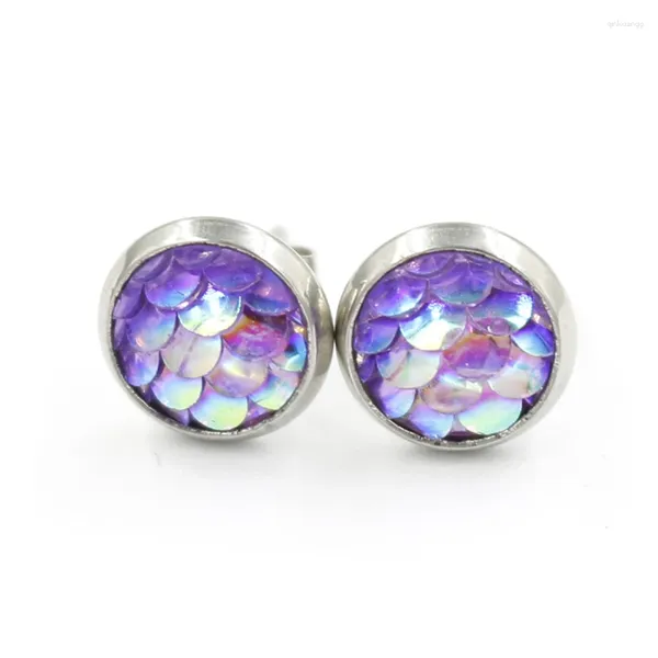 Boucles d'oreilles en acier inoxydable, 5% de réduction, résine Druzy, sirène, motif écailles de poisson, sceaux en dôme, Cabochon pour filles et enfants, 8mm, 10 paires/lot