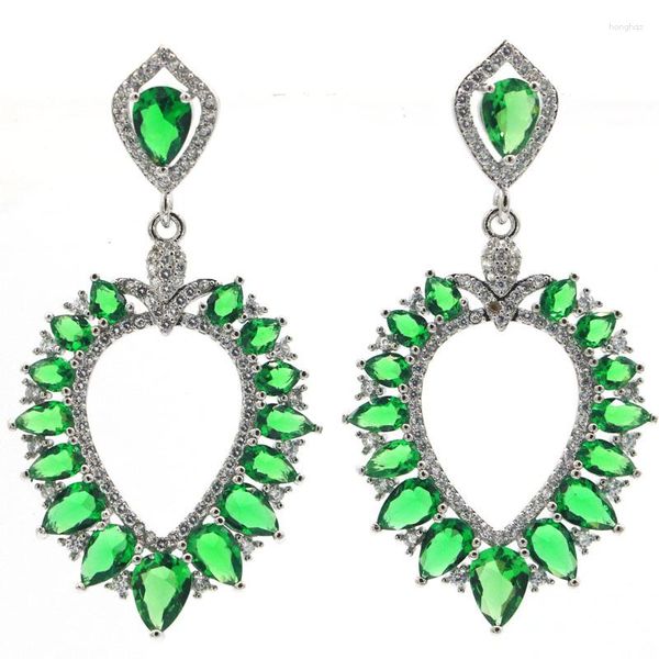 Boucles d'oreilles clous 52x26mm magnifique grosse goutte vert émeraude blanc CZ femme mariage argent 925