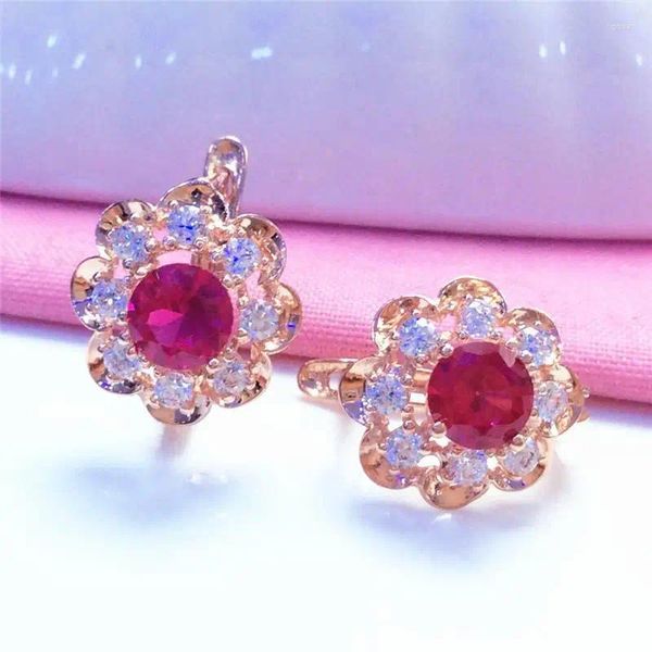 Pendientes de tuerca con incrustaciones de oro púrpura 585, flor de rubí de cristal para mujer, joyería para fiesta de compromiso de estilo dulce rosa de 14K de lujo