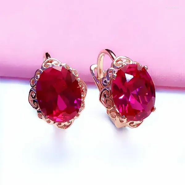 Boucles d'oreilles à tige en plaqué or violet 585, rose 14 carats incrustée de fleur de rubis ovale pour femmes, charme élégant, bijoux de mariage doux pour couples