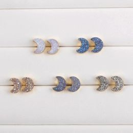Boucles d'oreilles à tige 5 pièces croissant de lune petit éblouissant Druzy pierre d'agate naturelle plaqué or 18 carats boucle d'oreille femmes bijoux cadeau