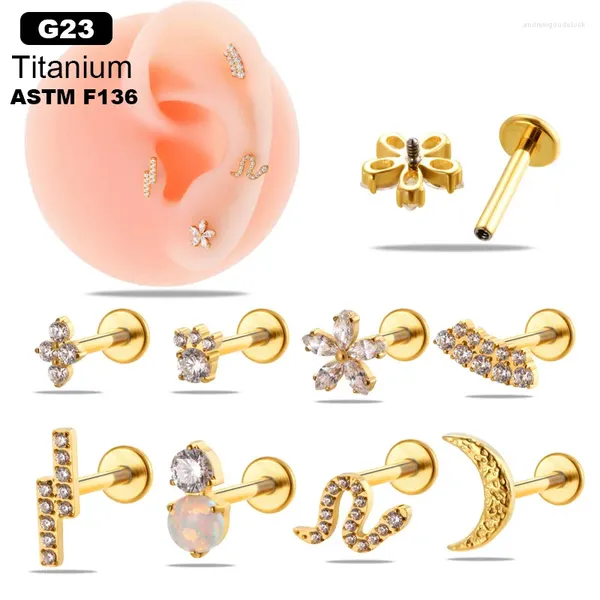 Boucles d'oreilles Stud 5pcs / lot 16G G23 Titane Cuffes d'oreille en os Piercing Boucle d'oreille pour les femmes ASTM F136 Bijoux percé de zircon de fleur de gros F136