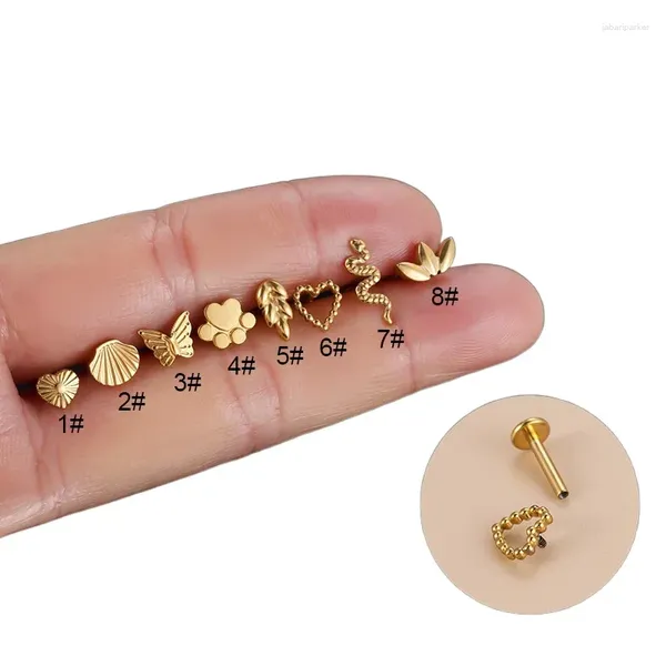 Pendientes de tuerca 5 unids/lote venta al por mayor ASTM F136 G23 titanio 1,2 8mm puños de oreja Piercing corazón serpiente pendiente de labio plano para mujer joyería de moda