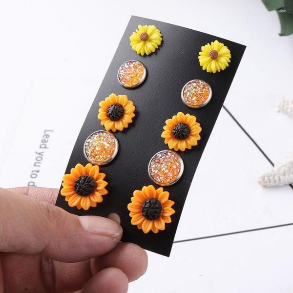 Pendientes de tuerca 5 unids/set coreano de moda para niñas y mujeres lindas margaritas vibrantes resina brillante girasol brillo imitación Druzy Set