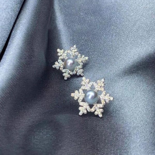 Boucles d'oreilles à tige 6-7 mm d'eau de mer naturelle Zhenduoma Gris Bleu Perle Zircon Flocon de neige Premium Simple Mode Bijoux Dames et filles Cadeau